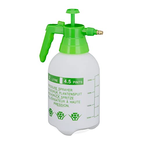 Relaxdays Drucksprüher 2 Liter, einstellbare Messingdüse, für Wasser & Unkrautvernichter, Sprühflasche Garten, weiß/grün