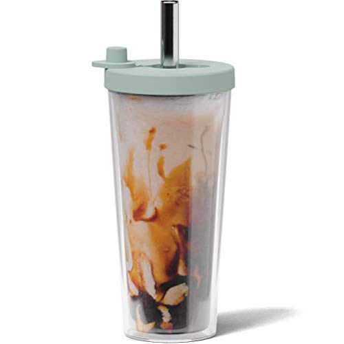 Wiederverwendbarer Boba-Becher mit wiederverschließbarem Deckel, 500 ml, doppelwandig, isoliert, Smoothie-Becher | breiter Edelstahl-Strohhalm für Bubble Tea, Boba-Perlen, Salbeigrün