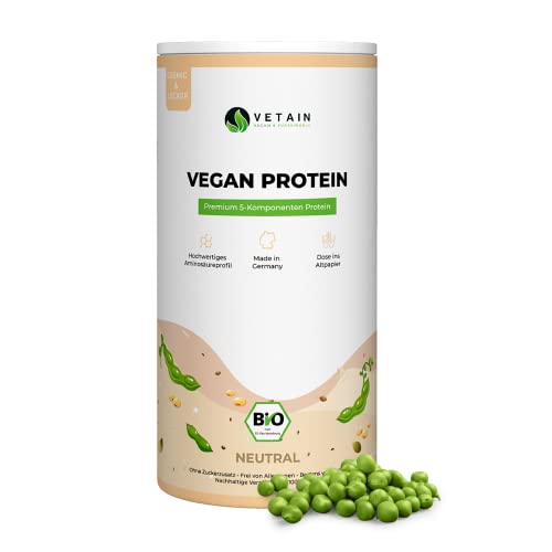 Vetain Vegan Protein NEUTRAL - BIO Veganes Proteinpulver - Bestens verträglich, natürlich lecker - Ohne Süßungsmittel, Zuckerzusätze oder Allergene - Eiweiß aus 5 pflanzlichen Komponenten - 600g