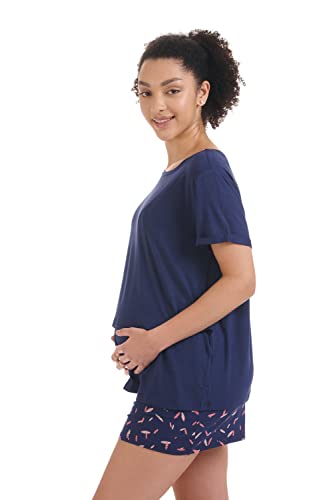 Herzmutter Stillpyjama-Umstandspyjama Kurz - Schlafanzug für Damen mit Muster - Pyjama-Set - Stillfunktion-Schwangerschaft - 2650 (M, Blau/Federn)