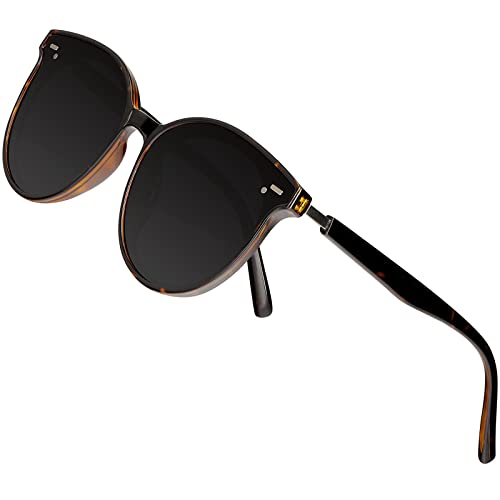 Arjien Vintage Polarisierte Damen Sonnenbrille Retro Runde Frauen Sonnenbrille mit UV400 Schutz & Ultraleicht TR90 Rahmen (Große Sonnenbrille - Schwarz)