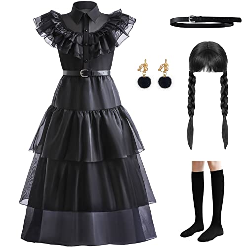 LZH Wednesday Addams Costume Dress For Girl Cosplay Addams Family Dresses With Wig Belt Earrings Fancy Dress Halloween Carnival Party, ZH208A1-120, 5-6 Jahre, Schwarz
