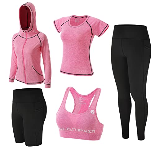 ZETIY Sport Set Damen Trainingsanzug Yoga Kleidung Anzug 5er-Set Laufbekleidung Damen BH Leggings Set für Gym Fitness Kleidung