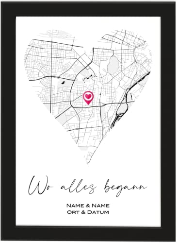 Deqosy Personalisierte Landkarte Wo alles begann, Herz-Form Poster, gerahmt mit schwarzem Bilderrahmen, Geschenke Valentinstag (Poster Herzform mit Rahmen)