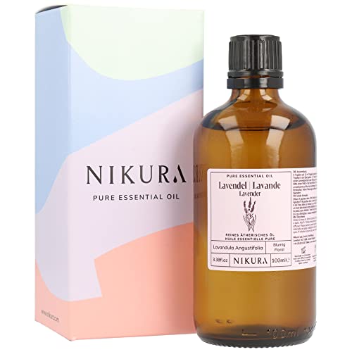 Nikura Lavendelöl - 100ml | Ätherisches Öl | 100% reines natürliches Öl | Perfekt für Aromatherapie, Diffusoren, Ölbrenner, Duftlampe | Massage, Seife, Kerzenherstellung | Raumduft lavendel