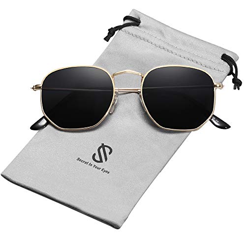 SOJOS Mode Polygon Sonnenbrille Damen Herren Verspiegelte Polarisiert Linse Leichte Unisex Brille SJ1072 mit Gold Rahmen/Grau Linse
