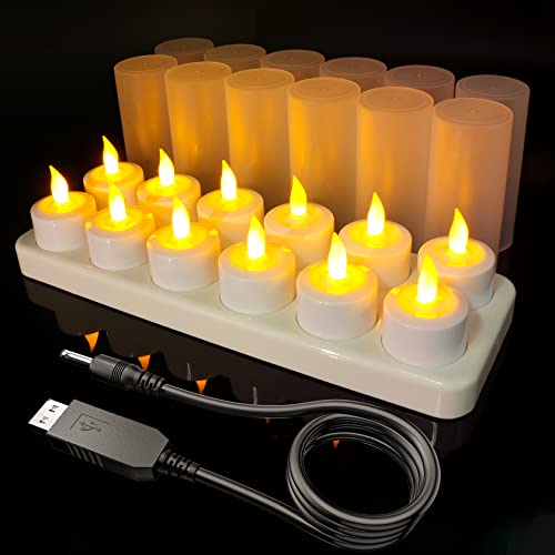 SoulBay 12er Flammenlose LED Kerzen, Wiederaufladbare Teelichter Kerzen, Batteriebetriebene Kerzen Kabellose mit Ladestation Gefrosteter Tassen und USB-Kabel für Weihnachten Haus Raum, Warmes Gelbes