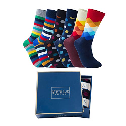 Vkele 6 Paar einfarbige Socken Geschenkpack oder Bulk, kariert, bunt, punkte, gestreift, Business Herrensocken, Crew Socken, Baumwolle, Gr. 39-46