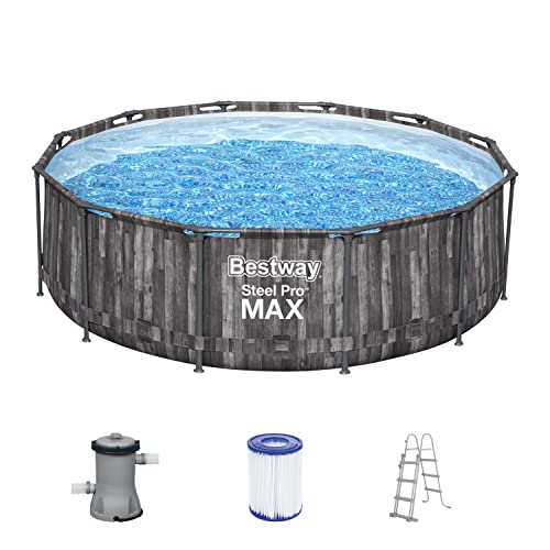 Bestway Steel Pro MAX Frame Pool-Set mit Filterpumpe Ø 366 x 100 cm, Holz-Optik (Mooreiche), rund