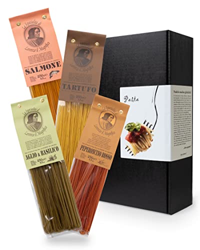 Apropos Geschenk - italienische Geschenkbox mit Pasta - Nudelkiste - Bandnudeln mit Chili, Lachs, Trüffel und Knoblauch-Basilikum - Präsentkorb