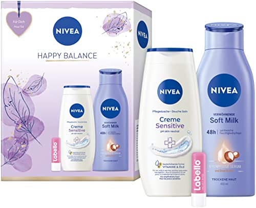 NIVEA Happy Balance Set, Geschenkset mit verwöhnenden Pflegeprodukten, feuchtigkeitsspendendes Beauty Set mit Pflegedusche, Soft Milk und Labello