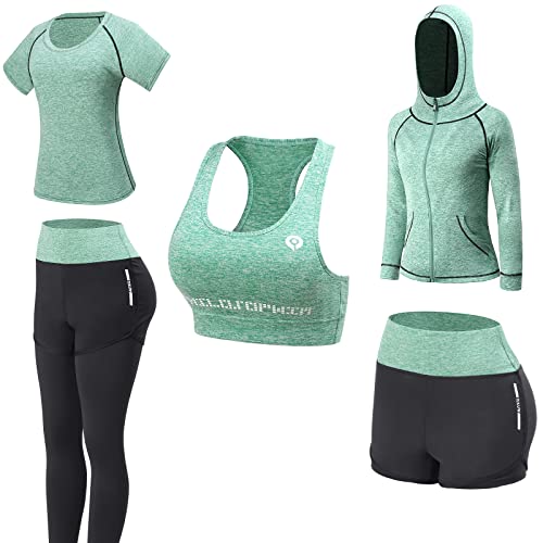 JULY'S SONG Yoga Kleidung Anzug 5er-Set Trainingsanzug Laufbekleidung Gym Fitness Kleidung (Grün, M)