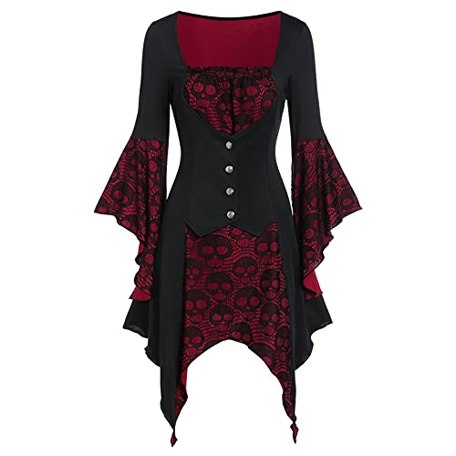 Gothic Kleidung für Damen Mittelalter Kostüm Halloween Cosplay Schwarz Steampunk Minikleid Renaiss Historisches Spitzenspleißkleid Hexenkostüm Tunikakleid Mantel Mittelalterliche Kleid