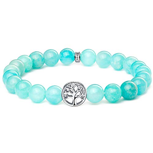 J.Endéar Natürliche Edelstein Armband Damen, 8mm Armband Perlen, Lebensbaum Armband mit 925 Sterling Silver Lebensbaum Charm