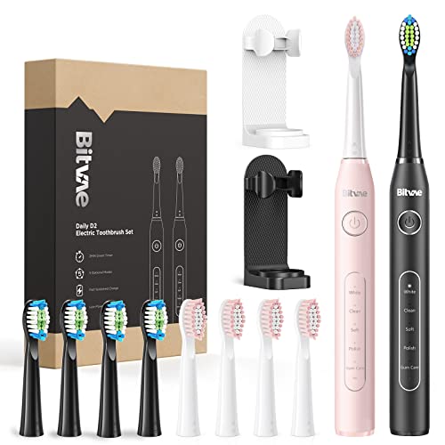 Bitvae D2 Elektrische Zahnbürste Doppelpack,2 x Ultraschall Zahnbürstes für Erwachsene und Kinder, 8 Zahnbürstenköpfen und 5 Modi, Schallzahnbürste Mit Timer, Electric Toothbrushes, Schwarz & Rosa