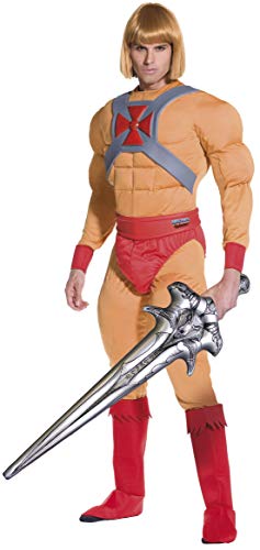He-Man/Prinz Adam Kostüm Muskel-Jumpsuit mit Gürtel Armmanschetten Überstiefel und aufblasbares Schwert, Large