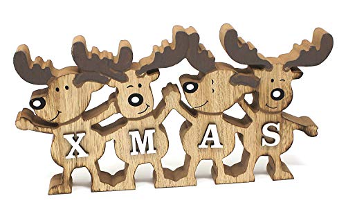 TEMPELWELT Deko Aufsteller Elche Elchreihe X-Mas 26 cm, Holz Natur Weiß, Dekofigur Holzdeko Rentiere Winterdeko Weihnachtsdeko