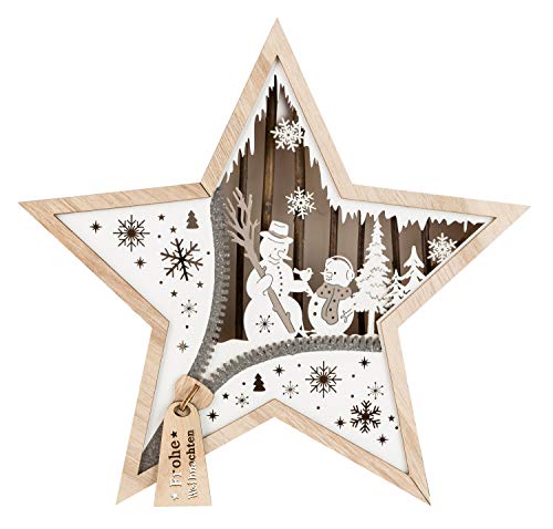 Stern aus Holz mit LED Beleuchtung, Schneemann, circa' 32 x 32 x 5 cm, mit 6 Stunden Timer, batteriebetrieben, für Weihnachten, im Winter, als Stimmungslicht