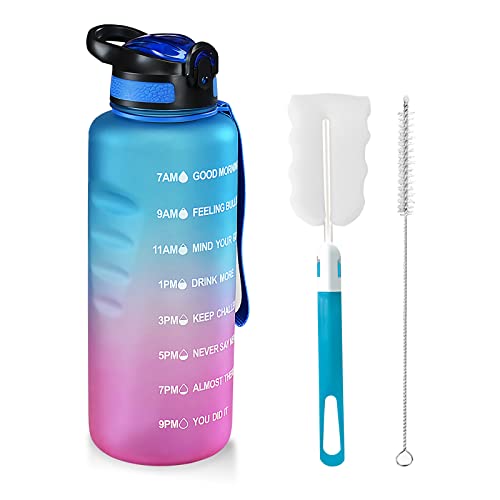 1.5 L Trinkflasche, BPA-freies Tritan-Material 1500 ml Große Sportwasserflasche mit Trinkhalm und Zeitmarkierung, das beste Zubehör für Sport, Fitness, Laufen, Wandern - Spülmaschinenfest(Blau / Lila)