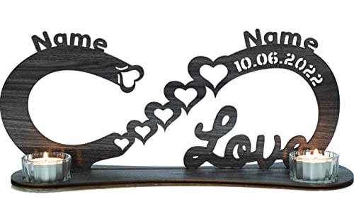 Waluna® Love Liebesgeschenk Teelichthalter Unendlichkeitszeichen personalisiert mit Zwei Namen und Datum Herzen Hochzeitsgechenk zum Jahrestag Hochzeit mit Kerzen in 12 Farben kerzenhalter Tischdeko
