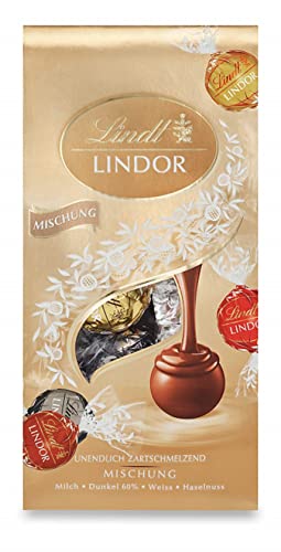 Lindt Schokolade LINDOR Mischung | 137 g Beutel | ca. 10 Schokoladen-Kugeln mit zartschmelzender Füllung in den Sorten Milch, dunkel 60%, weiß, Haselnuss | Pralinen-Geschenk| Schokoladen-Geschenk