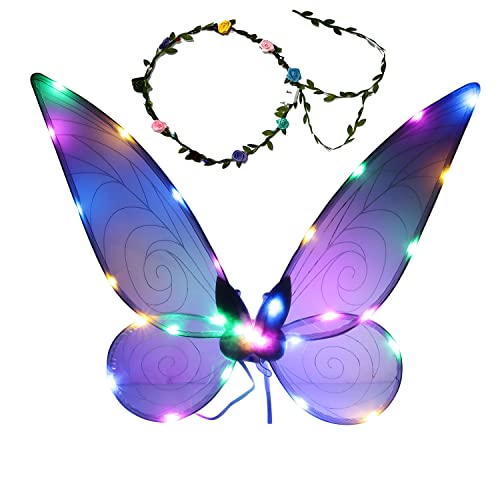 Led Feenflügel Erwachsene Kinder mit Led Girlande und Elastischen Schultergurten Feen Flügel Damen Kostüm für Winx Club Karneval Geburtstag Halloween Weihnachten Rollenspiele Comic Con Themed Party