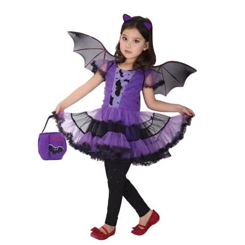 Generic Mädchen Fledermaus Halloween Kostüm Hexe Cosplay Kostüm Tutu Kleid Set für Kinder (4-6 Jahre, Fledermaus Lila)
