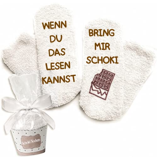 Flauschige Schoki Socken - Wenn du das lesen kannst bring mir Schoki Lustige Kuschel-Socken Adventskalender Geschenke Frauen, onesize