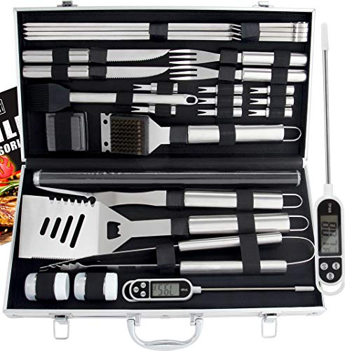 ROMANTICIST 28pcs Grill Set für Männer Grillkoffer mit Grillmatte für Männer - Komplette Grillset Edelstahl Grillbesteck mit Aluminium Aufbewahrungskoffer für Männer Papa Frauen