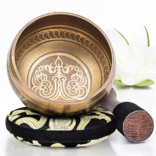 Silent Mind tibetische Klangschale Set ~ Bronze Mantra Design ~ mit hochwertigem Holz Klöppel und Himalaya Kissen ~ perfektes zur Yoga Meditation, Entspannung und Achtsamkeit ~ das ideale Geschenkset