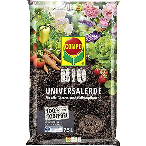 COMPO BIO Universal-Erde für Zimmerpflanzen, Ideal auch als Gemüseerde, für Obst und als Kräutererde, Torffrei, Kultursubstrat, 7,5 Liter, Braun