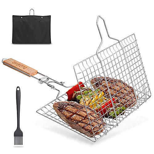 Faltbarer BBQ Grillkorb Fischbräter, Huolewa Tragbares Grill Fischhalter, Grillroste Grill Basket für Fisch gemüse Steak Garnelenkoteletts, aus 304 Edelstahl, Bonus eine Saucenpinsel und Tragetasche
