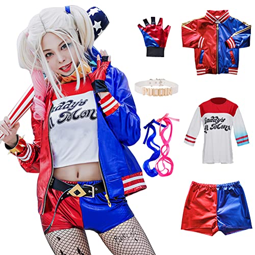 Amycute Quinn Cosplay Kostüme für Erwachsene, Mädchen Bösewicht Suicide Kostüm Kit enthalten Jacke, T-Shirt, Shorts und Handschuh für Halloween Karneval Cosplay (M)