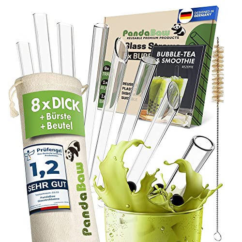 PandaBaw® 8x Bubble Tea Strohhalme Glas [+REZEPTE]- EXTRA DICKE Boba Strohhalme Glas -21.5cm Boba Straw Glas Strohhalm Bubble Tea Set - Glasstrohalme dicke Strohhalme Bubble Tea Straw [+BÜRSTE & BAG]