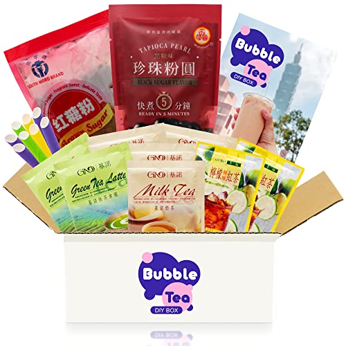 Bubble Tea DIY Set - 19-teiliges Boba Tee Starter Kit mit Zutaten aus Taiwan - Verschiedene Teesorten (Milchtee, Grüner Tee, Zitronen-Eistee), Tapioka-Perlen, Rohrzucker, Strohhalme und Anleitungen