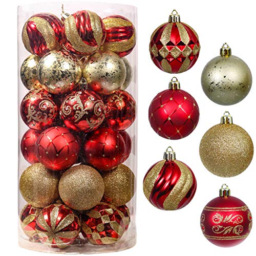 VALERY MADELYN Weihnachtskugeln 30 Stücke 6CM Kunststoff Christbaumkugeln Weihnachtsdeko mit Aufhänger Weihnachtsbaumschmuck Weihnachten Dekoration Luxus Thema Rot Gold