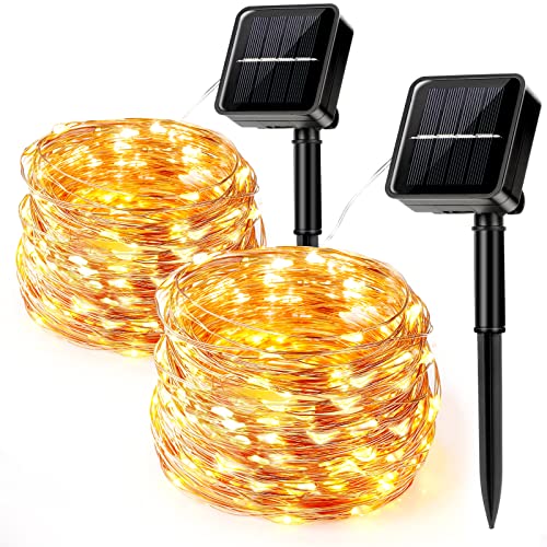 Aisutha Solar Lichterkette Außen, 2x12M 120 LED Lichterkette Aussen, 8 Modi Kupferdraht Solarlichterkette IP65 Wetterfest für Garten, Balkon, Terrasse, Tor, Hof, Hochzeit, Party (Warmweiß)