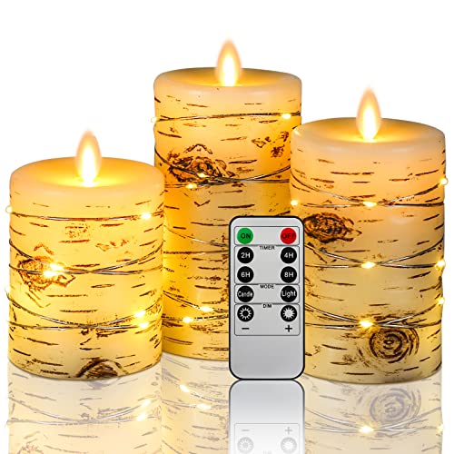 LED Kerzen, Birken-Effekt, mit eingebetteter Lichterkette, 8cm x (10 cm, 12 cm, 15 cm), elfenbeinfarben, Echtwachs, Stumpenkerzen mit tanzender LED-Flamme, 10-Tasten- Fernbedienung (ohne Batterie)