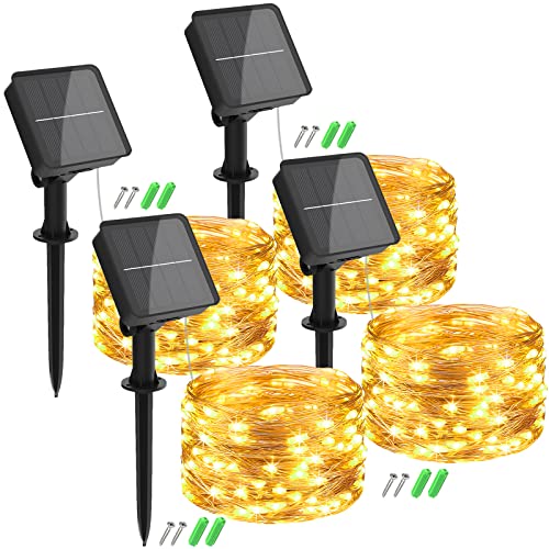 kolpop Solar Lichterkette Aussen, 4 Stück LED Lichterkette Außen Solar Lichterkette Wasserdicht KupferDraht Solar Weihnachtsbeleuchtung Außen 8 Modi Deko für Garten Balkon Party Hochzeit Warmweiß