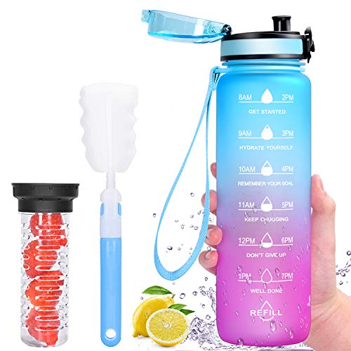 Favofit Trinkflasche mit Früchtebehälter, 1L motivierende Wasserflasche mit Zeitmarke, Auslaufsichere BPA-freie Sportflashce für Sport Fitness Outdoor, mit Reinigungsbürste (Blau/Rosa Farbeverlauf)