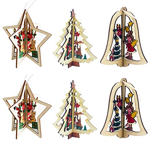 Eterspr 6 Stück 3D Weihnachtsdeko Holz Anhänger, Christbaumschmuck Anhänger, 3D Herz Stern Baumanhänger Dekoration, für Weihnachtsbäume, Wände, Fenster und Weihnachtsfeiern Verwendet