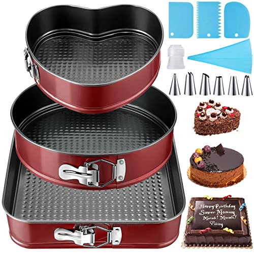 MULEVIP Kuchenform Springform Set Backformen Set Kuchenform Rund,Abnehmbarer Flachboden,Auslaufsicher Antihaft,Runde Backform,Tortenform zum Backen Verschiedener Kuchen unt Brot(22/24/26 cm) - Rot
