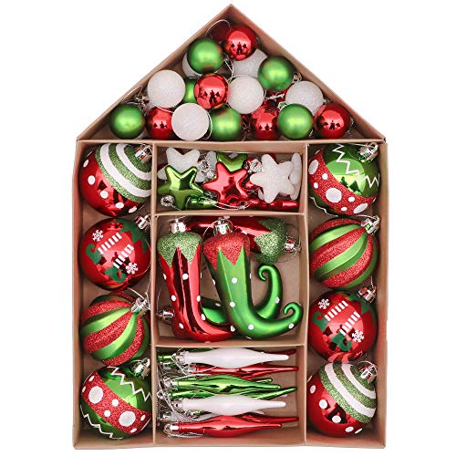 Victor's Workshop Weihnachtskugeln 70tlg. Kunststoff Christbaumkugeln Weihnachtsdeko Weihnachtsbaum Dekoration Set Plastik Weihnachten Deko mit Anhänger Elfen Thema Rot Grün Weiß