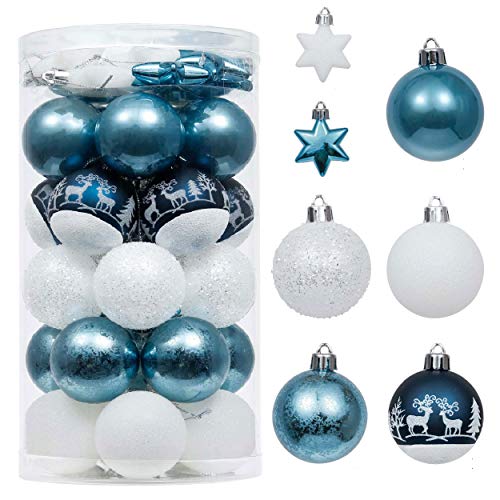 VALERY MADELYN Weihnachtskugeln 35 Stücke 5CM Plastik Christbaumkugeln Weihnachtsdeko mit Stern Aufhänger Weihnachtsbaumschmuck Dekoration Winterwünsches Thema Silber Blau