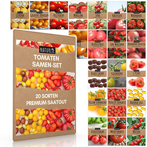 20er Tomaten Samen Set - 20 Sorten Tomatensamen für Balkon und Garten - Tomaten Anzuchtset - bunte und alte Tomatensorten von Naturlie - Garten Samen Gemüse als praktisches Tomatenset