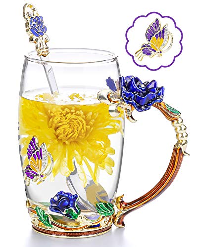 COAWG Glasteetasse, Emaille Blue Rose Blüten Schmetterlingsbecher Kristallglas Klare Tasse Blumen Blumenglas Kaffeebecher mit Handgriff für Frauen, Valentinstagsgeschenk(Blau mit löffel)…