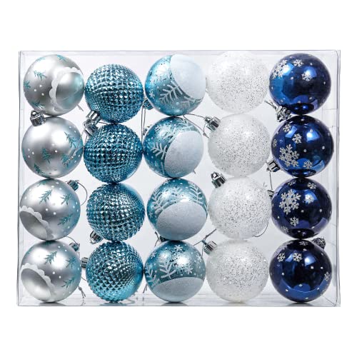 Valery Madelyn Weihnachtskugeln 20 Stücke 6CM Kunststoff Christbaumkugeln Weihnachtsdeko mit Aufhänger Baumschmuck für Weihnachtsdekoration Winterwünsches Thema Silber Blau