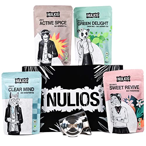 NULIOS® - Premium Bio Tee Geschenk-Box mit 4 verschiedenen Bio Tee-Sorten & Edelstahl-Teefilter | Hochwertiges Design | Liebevoll von Hand verpackt | Tolle Geschenkidee