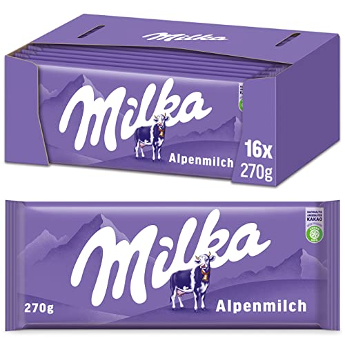Milka Alpenmilch 16 x 270g Großtafel, Klassische zartschmelzende Schokoladentafel aus Alpenmilch