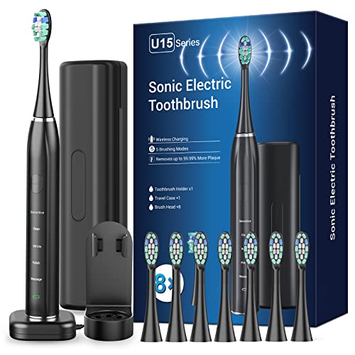Sonic Elektrische Zahnbürste Schallzahnbürste - U15 Reise Zahnbürsten Elektrisch, Electric Toothbrush Mit 8 kopf, 5 modi, Timer (Klassisch Schwarz)
